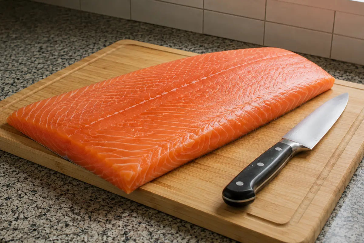 Slab of salmon on a cutting board with a knife.