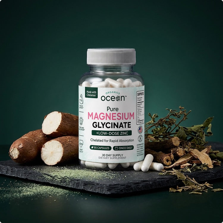 Pure Magnesium Glycinate bottle with cassava root on dark green