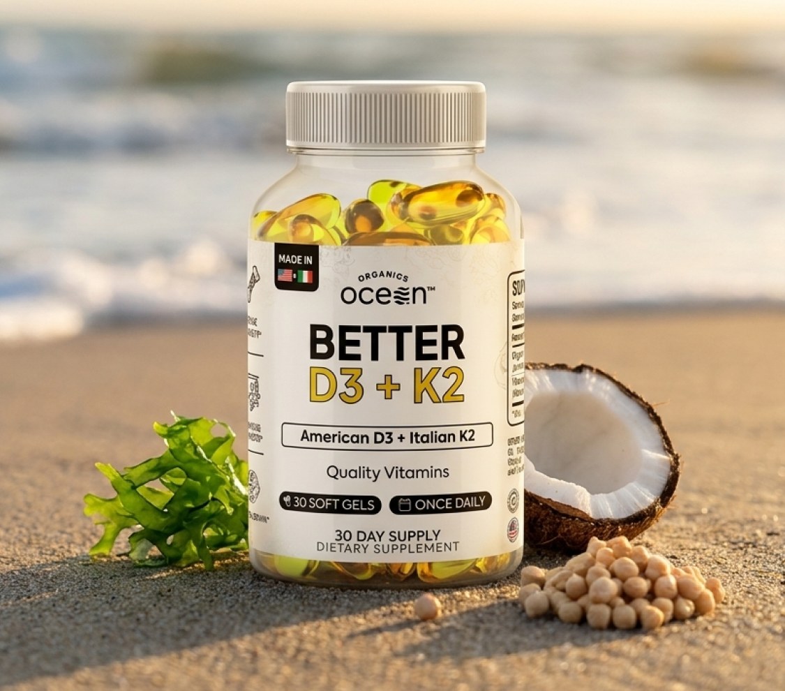 A bottle of Organics Ocean Better D3 + K2 on the beach with seaweed and a coconut