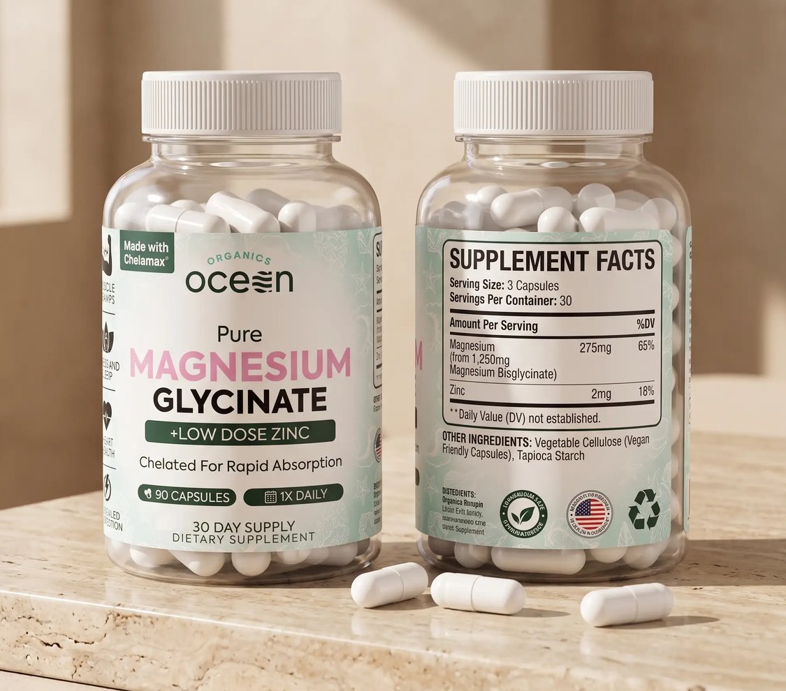 Two bottles of Organics Ocean Pure Magnesium Glycinate on a stone counter