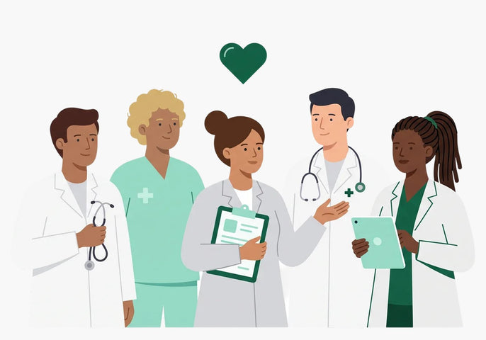 Doctors and nurses standing together under a green heart